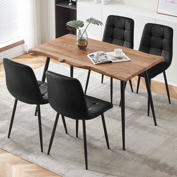 NORDICANA 5-Piece Dining Table Set,47" Modern Live Edge Kitchen Table & 4 Black Velvet Upholstery Dining Chairs