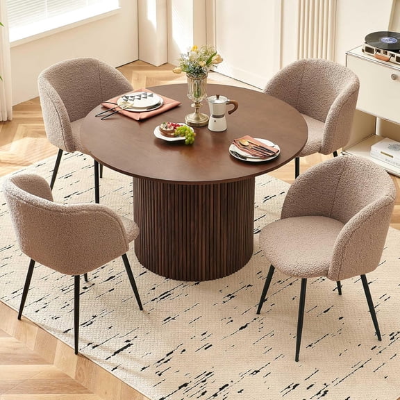 NORDICANA 5 Piece Kitchen Dining Room Table Set for 4, Modern Mid-Century Breakfast Nook Dinner Table Round with Upholstered Brown Barrel Dining Room Chairs