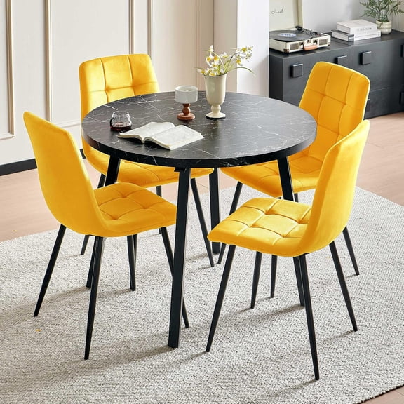 NORDICANA 5-Piece Kitchen Table Chairs Set for 4, 37" Wooden Dining Table Round with Yellow Kitchen Side Chairs Set for Living Dining Room, Black Marble Look Tabletop
