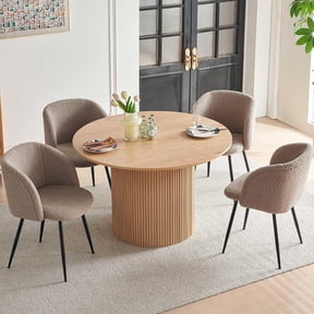 NORDICANA 5 Piece Modern Round Dining Table and 4 Brown Barrel Kitchen Chairs Set, 47" Kitchen Table Wooden with Faux Fur Sherpa Round Dining Chairs Table Set