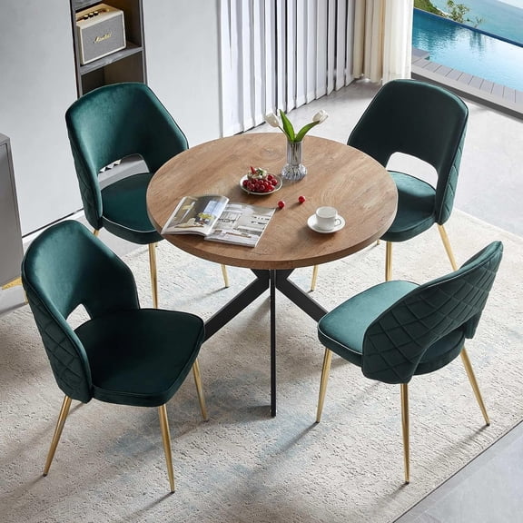 NORDICANA 5-Pieces 37-Inch Dining Table Set for 4 - Space Saving Round Table and Chairs with 4 Seaters Velvet Upholstered Chairs