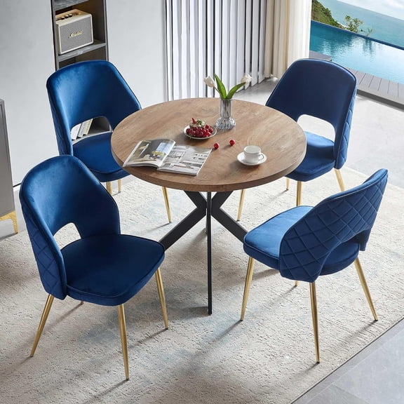 NORDICANA 5-Pieces 37-Inch Dining Table Set for 4 - Space Saving Round Table and Chairs with 4 Seaters Velvet Upholstered Chairs