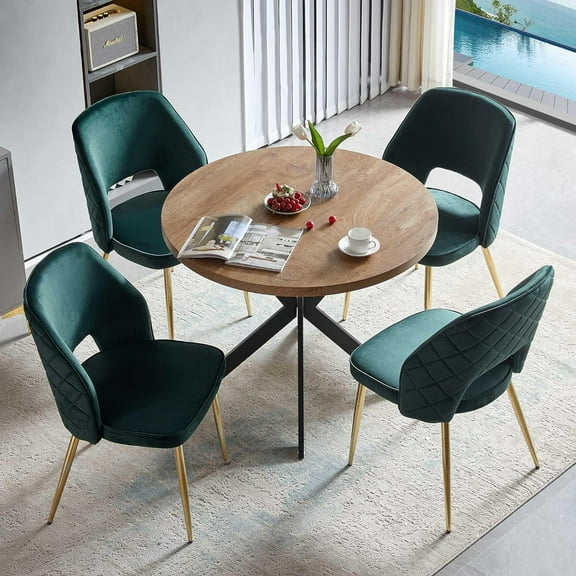 NORDICANA 5-Pieces 37-Inch Dining Table Set for 4 - Space Saving Round Table and Chairs with 4 Seaters Velvet Upholstered Chairs