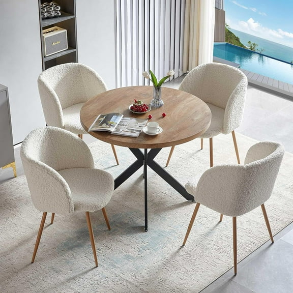 NORDICANA 5 Pieces 37-Inch Round Dining Table and Upholstered Chairs for Four Person, MDF Table-top, Off White Faux Fur Armchairs with Wood Grain Metal Leg for Kitchen, Reception Room