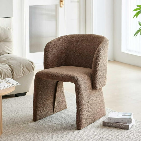 NORDICANA Barrel Dining Kitchen Chair Uphosltered Teddy Velvet Single Sofa Accent Chair Brown