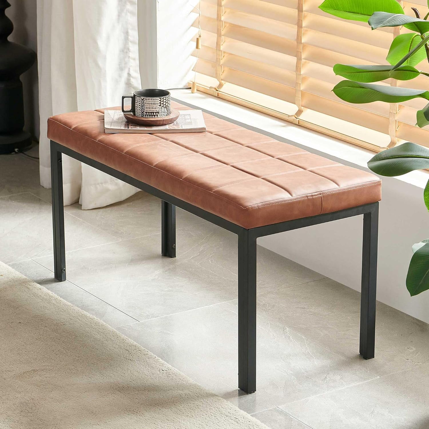 Mid-Century Modern Brown PU Leather Upholstered Bench with Metal Frame