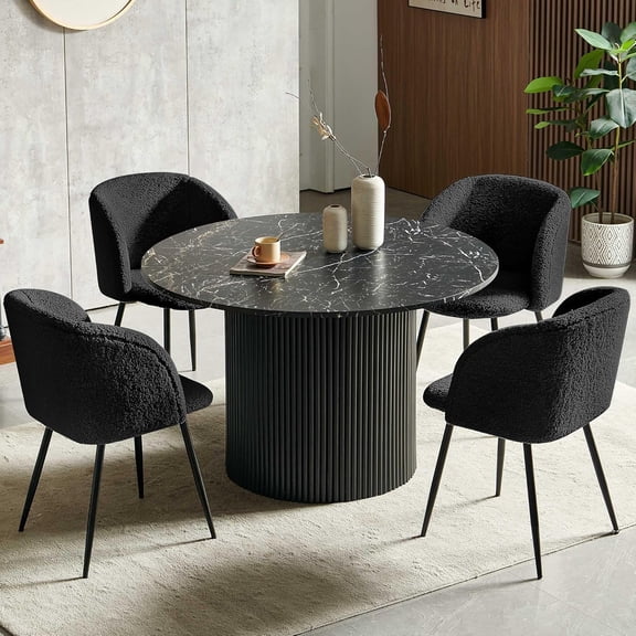 NORDICANA Black Dining Table Set for 4, Mordern Kitchen Dining Room Table Set, 47-Inch Round Breakfast Nook Dinner Table Fluted and Upholstered Dining Armchairs Set
