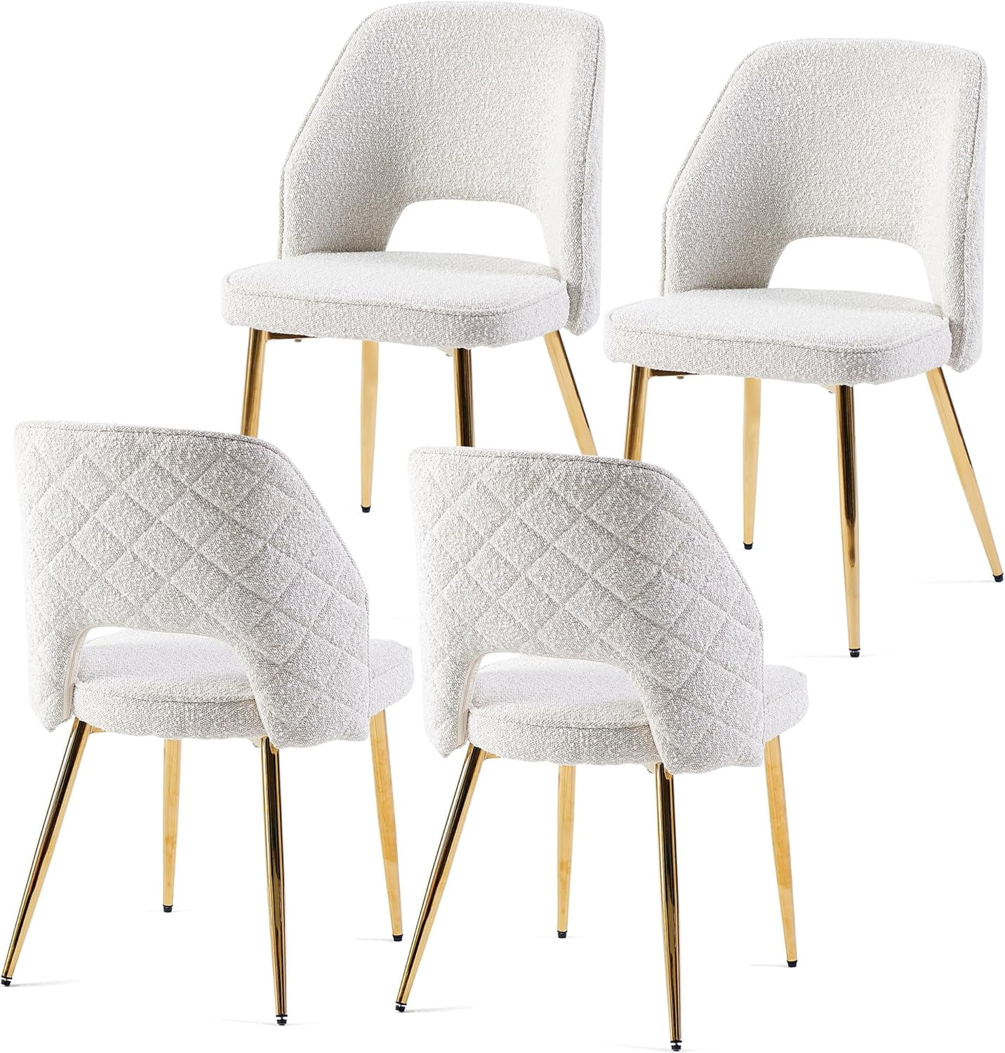Set of 4 Beige Boucle Upholstered Side Chairs with Gold Metal Legs