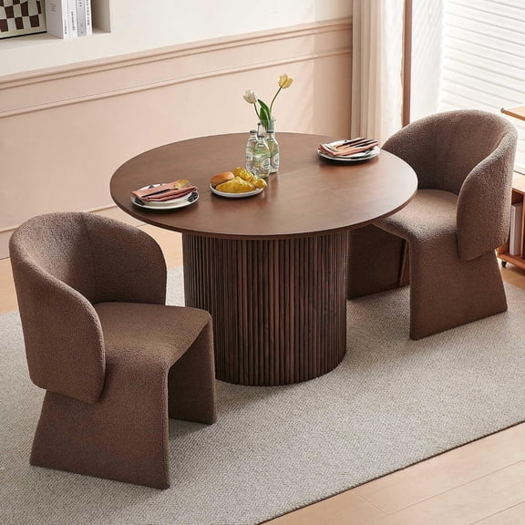 NORDICANA Dining Table Set for 2, 47" Circle Kitchen Table and Brown Upholstered Barrel Dining Room Chairs, Rustic Dinette Set, Engineered Wood Two-Part Tabletop with Walnut Finish