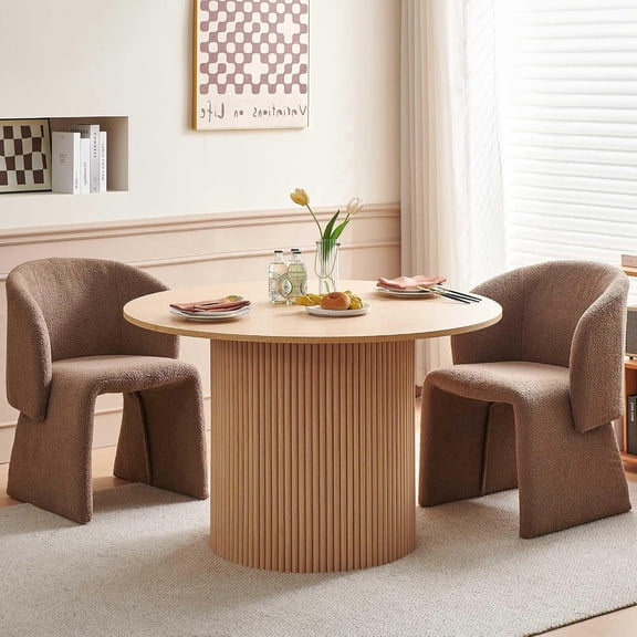 NORDICANA Dining Table Set for 2, 47" Round Kitchen Table with Two-Part Tabletop& Wood Strips Base, Oak Wood Finish Circle Dinner Table with Brown Teddy Velvet Dining Chairs Upholstered