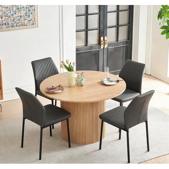 NORDICANA Dining Table Set for 4, 47" Wooden Round Kitchen Table with PU Leather Chairs for Kitchen Room and Small Spaces(Oak Table + 4 Dark Gray Chairs)