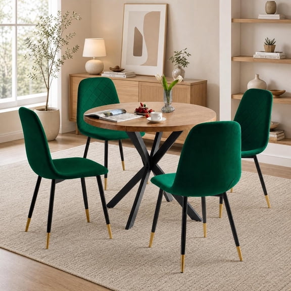 NORDICANA 37" Round Table Set for 4, Mid Century Modern Small Kitchen Table Set, Space Saving, Dinette for Home, Apartment, Dining Room (Wood Table+ 4 Kelly Green Velvet Chairs)
