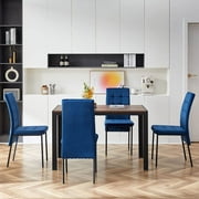 NORDICANA Dining Table Set for 4,Modern Rectangle Walnut Faux Wood Grain Kitchen Table & 4 High Back Grey Velvet Upholstery Side Chair, Metal Black Legs