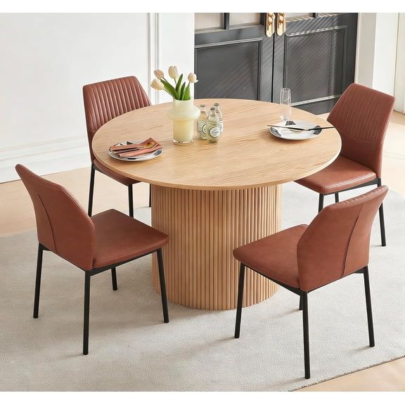 NORDICANA Dining Table Set for 4, 47" Wooden Round Kitchen Table with PU Leather Chairs for Kitchen Room and Small Spaces(Oak Table + 4 Brown Chairs)