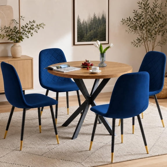 NORDICANA 37" Round Table Set for 4, Mid Century Modern Small Kitchen Table Set, Space Saving, Dinette for Home, Apartment, Dining Room ( Wood Table+ 4 Navy Blue Velvet Chairs)