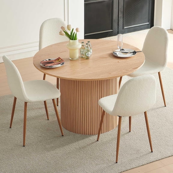 NORDICANA Dining Table Set for 4, Mid Century Modern 47 Inch Wooden Round Dining Table Set, Space Saving (Oak Table + 4 White Chairs)