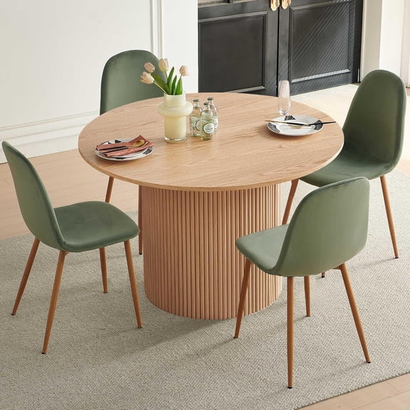 NORDICANA Dining Table Set for 4, Mid Century Modern 47 Inch Wooden Round Dining Table Set, Space Saving (OakTable   4 Green Chairs)
