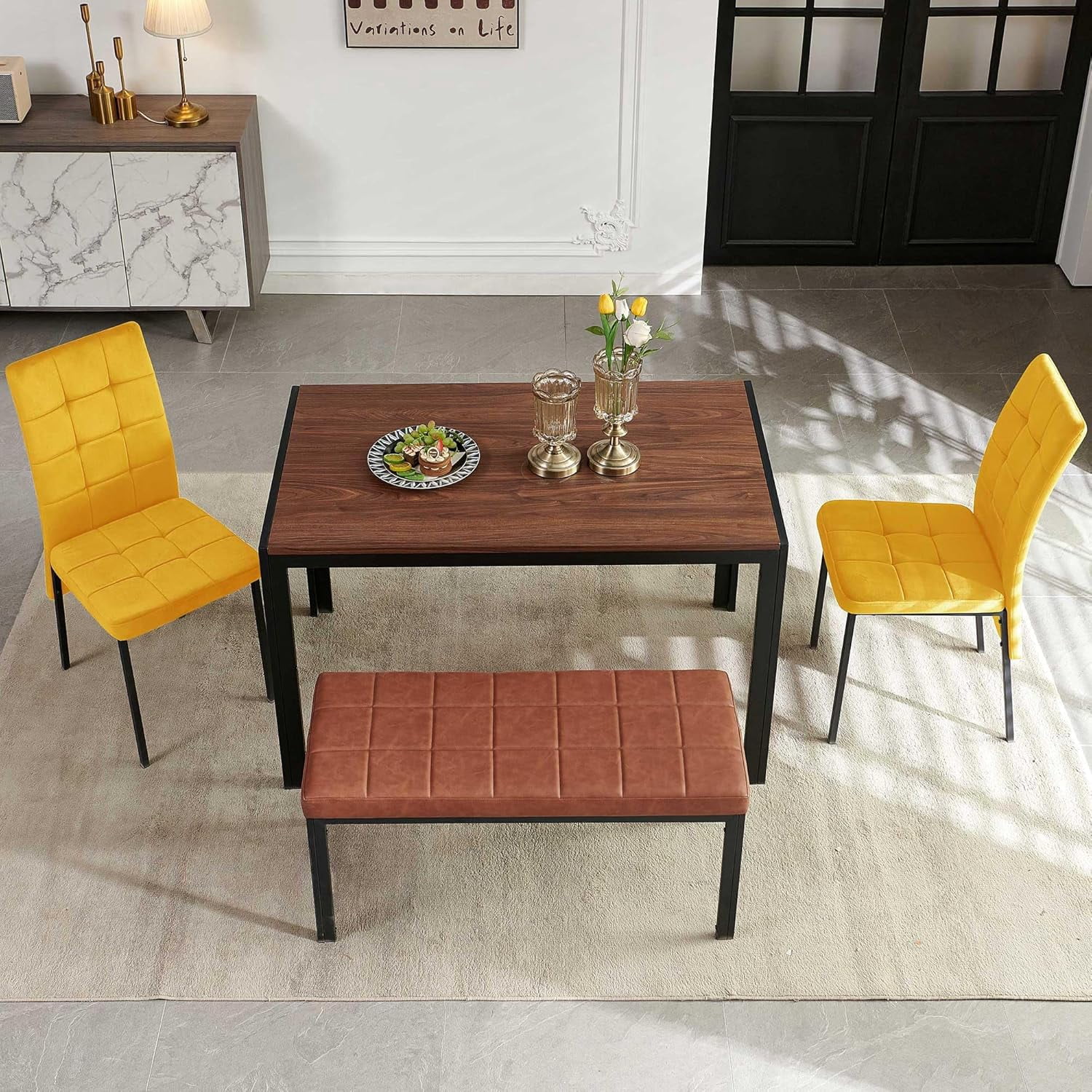 NORDICANA Dining Table Set for 4 with Bench, 4-Piece Kitchen Table Set ...