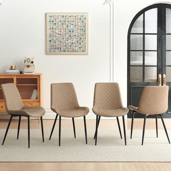 NORDICANA PU Leather Dining Chairs Set of 4, Modern Armless Dining Room Chairs, Comfy Upholstered Kitchen Chairs with Backrest, Black Metal Legs for Living Room, Dinning Room, Beige