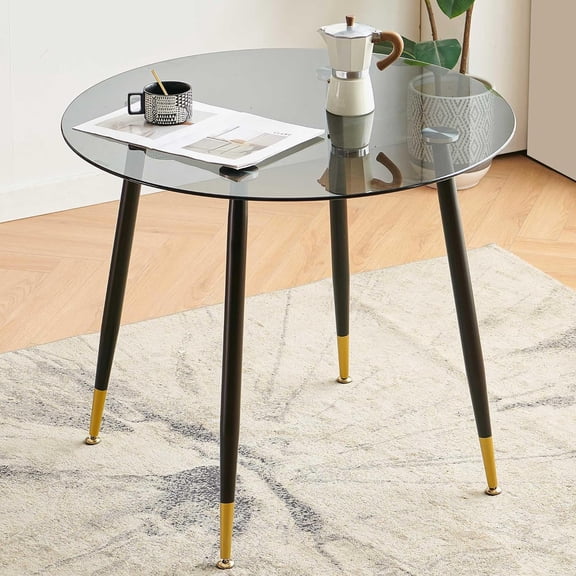 NORDICANA Glass Round Dining Table for 4 People, 35 Inches Round Kitchen Table with Grey Glass Table-top for Small Space, Apartment