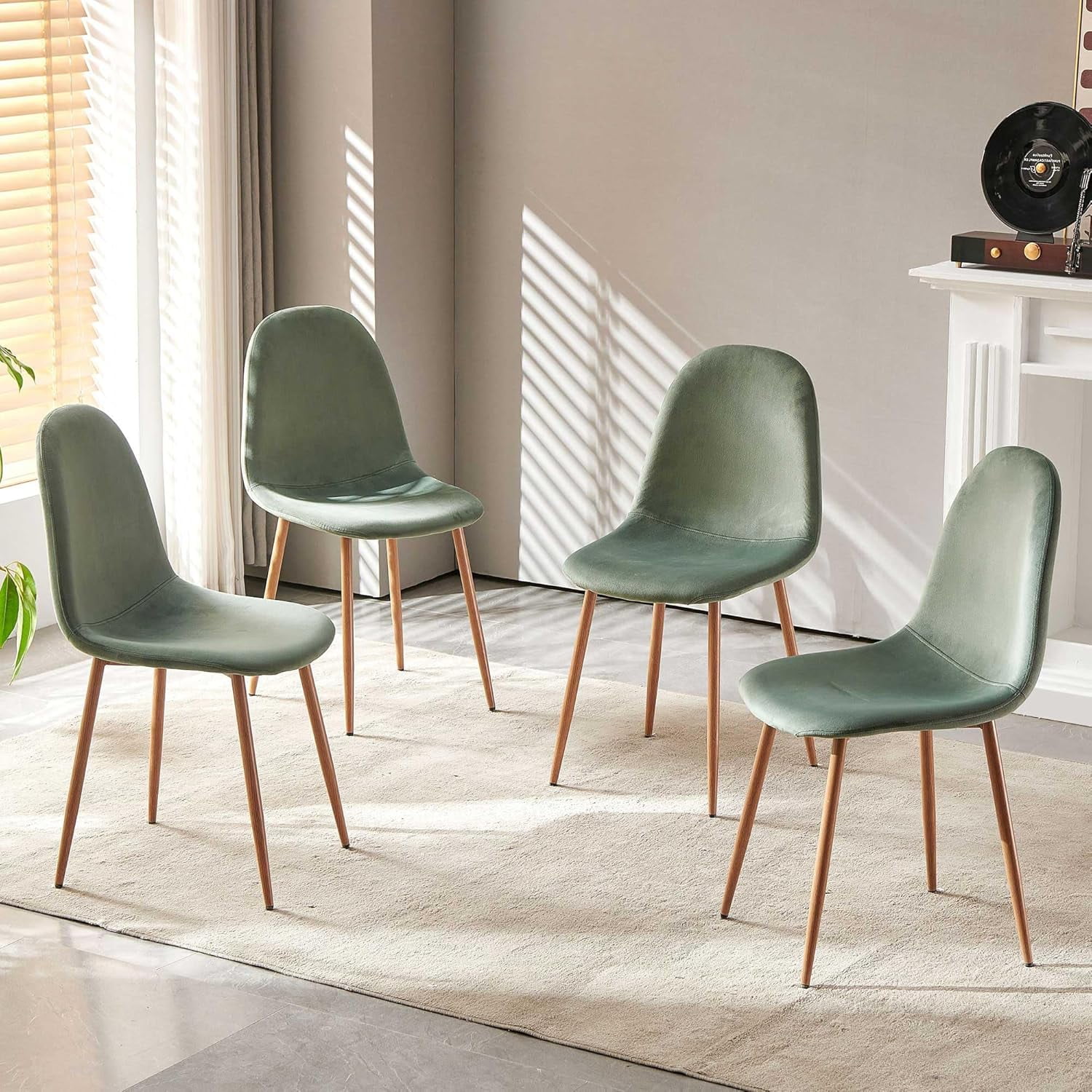 Green Velvet Upholstered Side Chairs with Metal Legs, Set of 4