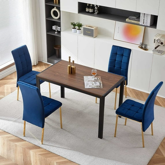 NORDICANA Modern Dining Table Set for 4, Solid Walnut Table Rectangular Home Kitchen Dining Table Faux Wood with 4 Black Velvet Upholstered Dining Table High Back with Gold Metal Legs