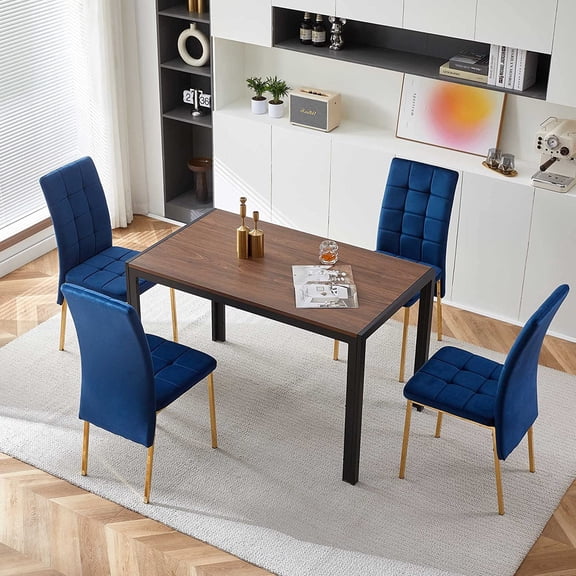 NORDICANA Modern Dining Table Set for 4, Solid Walnut Table Rectangular Home Kitchen Dining Table Faux Wood with 4 Black Velvet Upholstered Dining Table High Back with Gold Metal Legs
