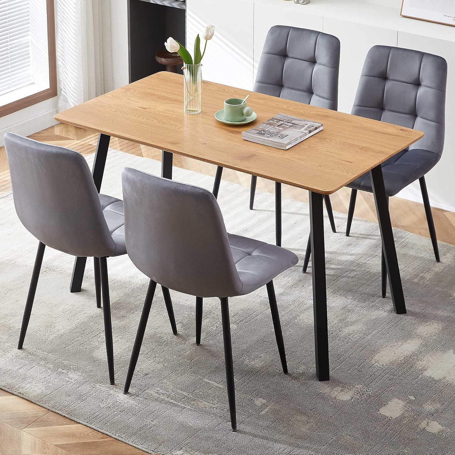 Gray Velvet Upholstered Dining Set with Oak MDF Table