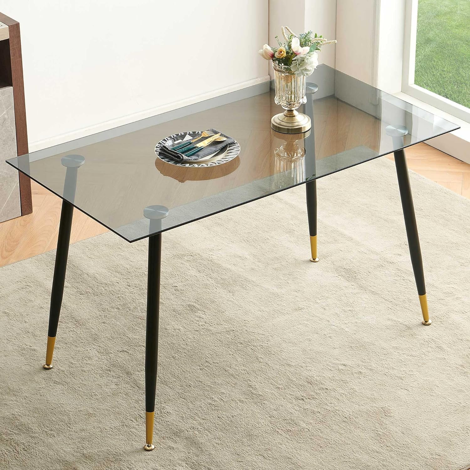 NORDICANA Modern Glass Dining Table, 51 Inches Transparent Rectangular Kitchen Table for 4 ...