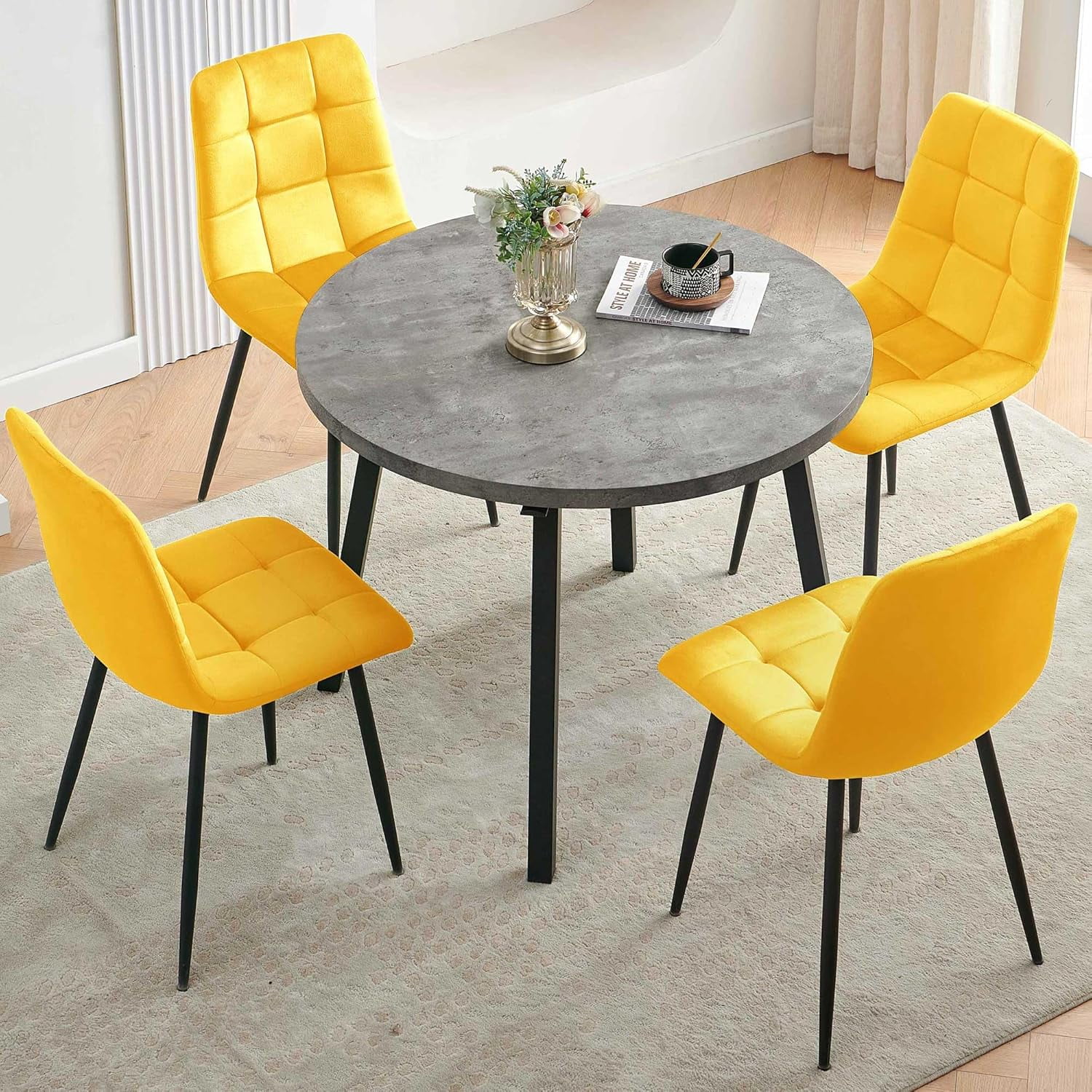 Modern Gray Faux Wood Round Table with Yellow Velvet Chairs