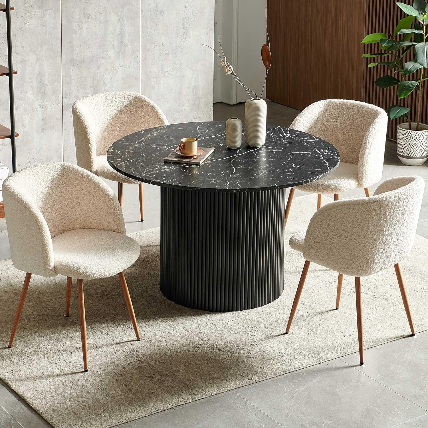NORDICANA Modern Mid-Century Dining Table Set for 4, Black Round ...