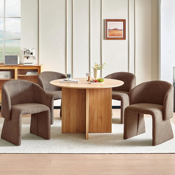 NORDICANA Modern Round Kitchen Dining Room Table Set for 4 with Arm Chairs 43.39-In Dia| Oak Veneer & Two-Part Tabletop| Space-Saving| Upholstered Barrel Dining Chairs| Fully Wrapped| Easy Assembly