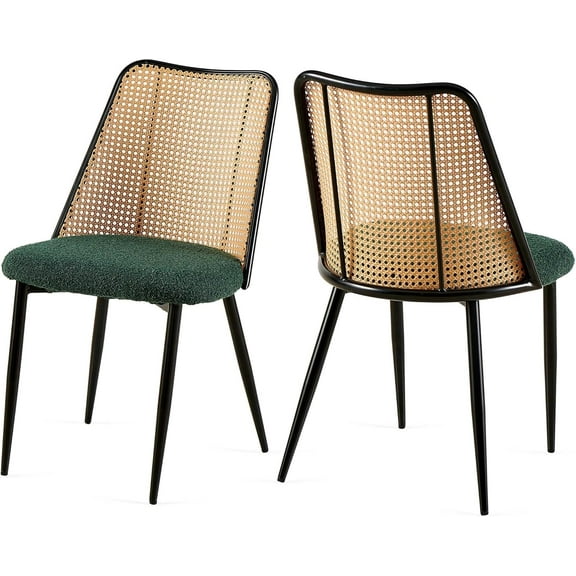 NORDICANA Rattan Dining Chairs Upholstered Set of 2, Green Boucle Kitchen Living Room Chairs with Curved Backrest