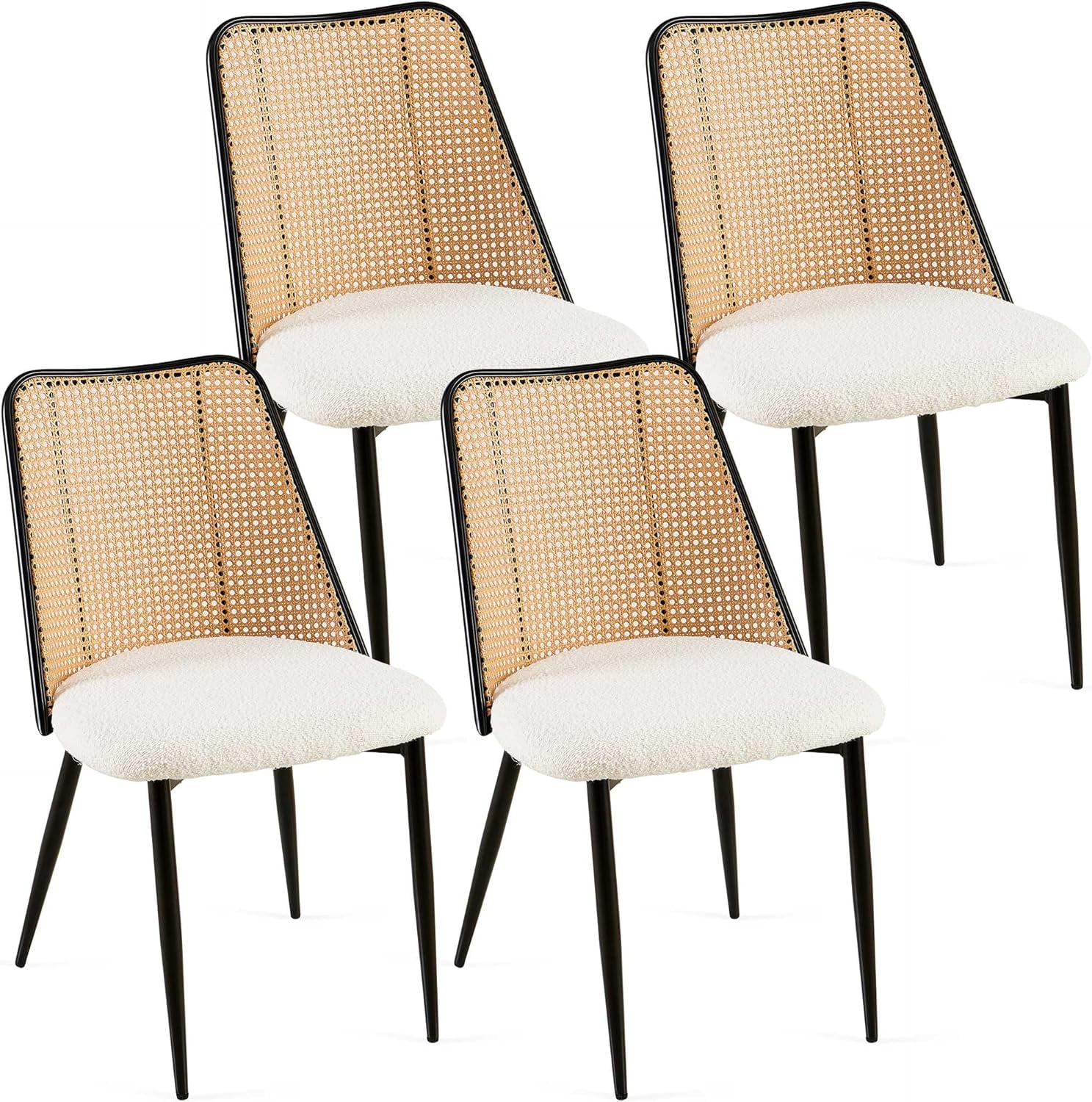 NORDICANA Rattan Dining Chairs Upholstered Set of 4, Beige Boucle Kitchen Living Room Chairs with Curved Backrest