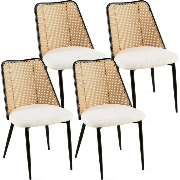 NORDICANA Rattan Dining Chairs Upholstered Set of 4, Beige Boucle Kitchen Living Room Chairs with Curved Backrest