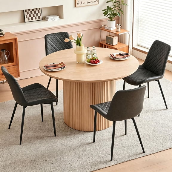 NORDICANA Round Dining Table Set for 4, 47" Kitchen Table and Chairs for 4, Circle Table Round Pedestal Dining Room Dinner Dinette Table Set (Oak Table + 4 Black Chairs)