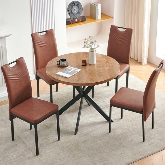 NORDICANA Round Kitchen Table Dinette Set for 4 with Faux Leather Dining Chairs,Compact Rustic 37-inch Dining Table Chair Set for Small Space