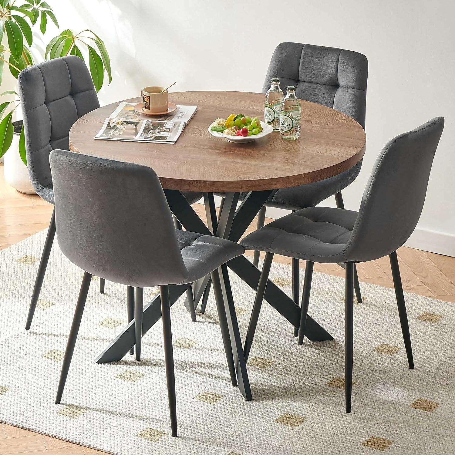 Gray Velvet Upholstered Dining Set with Faux Wood Tabletop
