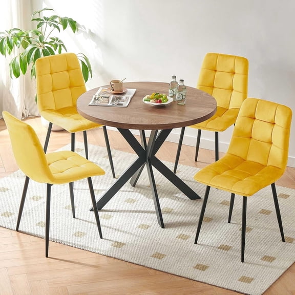 NORDICANA Round Kitchen Table and Chairs Set for 4, 37" Round Dining Table MDF Faux Wood Tabletop,Yellow Velvet Dining Chairs Upholstered Side Chair