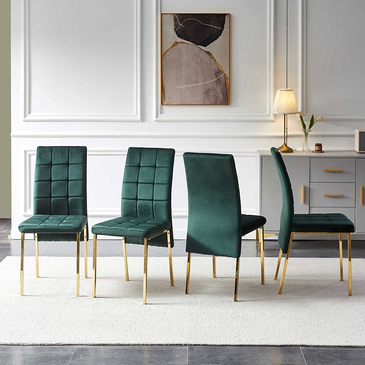 NORDICANA Set of 4 Dining Chair, Luxury Velvet Accent Chair High Back Living Room Chair No Arms, Upholstered Home Kitchen Chair with Gold Color Legs for Home,Hotel,Club