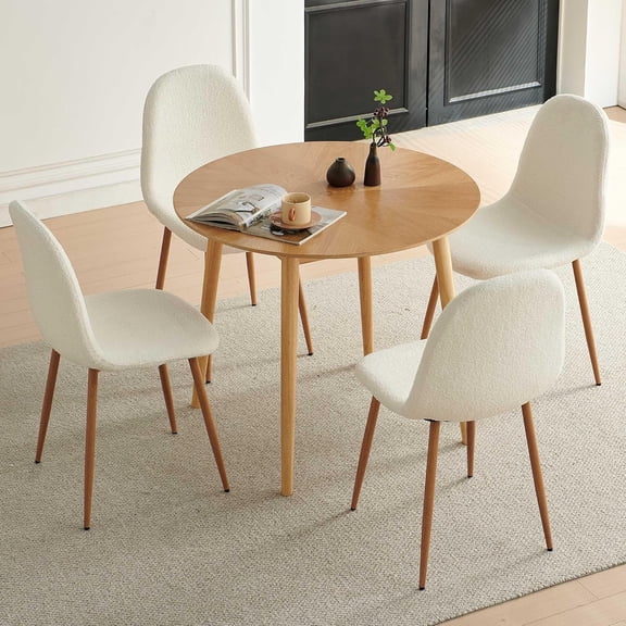 NORDICANA Small Dining Table Set for 4, Modern Round Dining Table with 4 Teddy Fleece Dining Chairs in Metal Legs, Easy Assembly for Compact Spaces - White