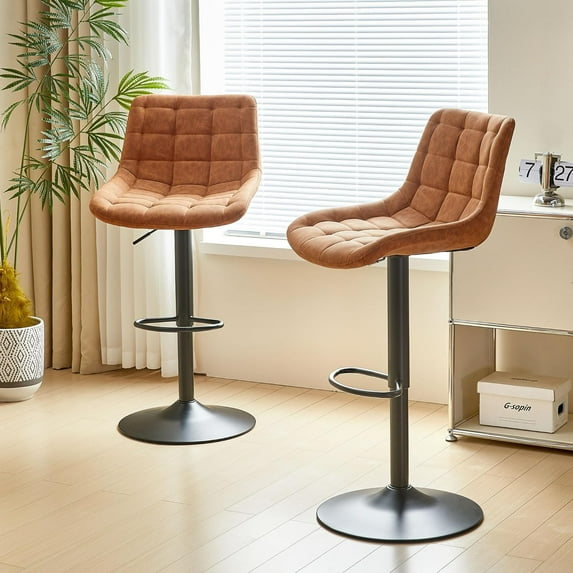 NORDICANA Swivel Barstools Set of 2, Brown Leather PU Bar Stool Adjustable Height with Cozy Backrest for Bar, Pub