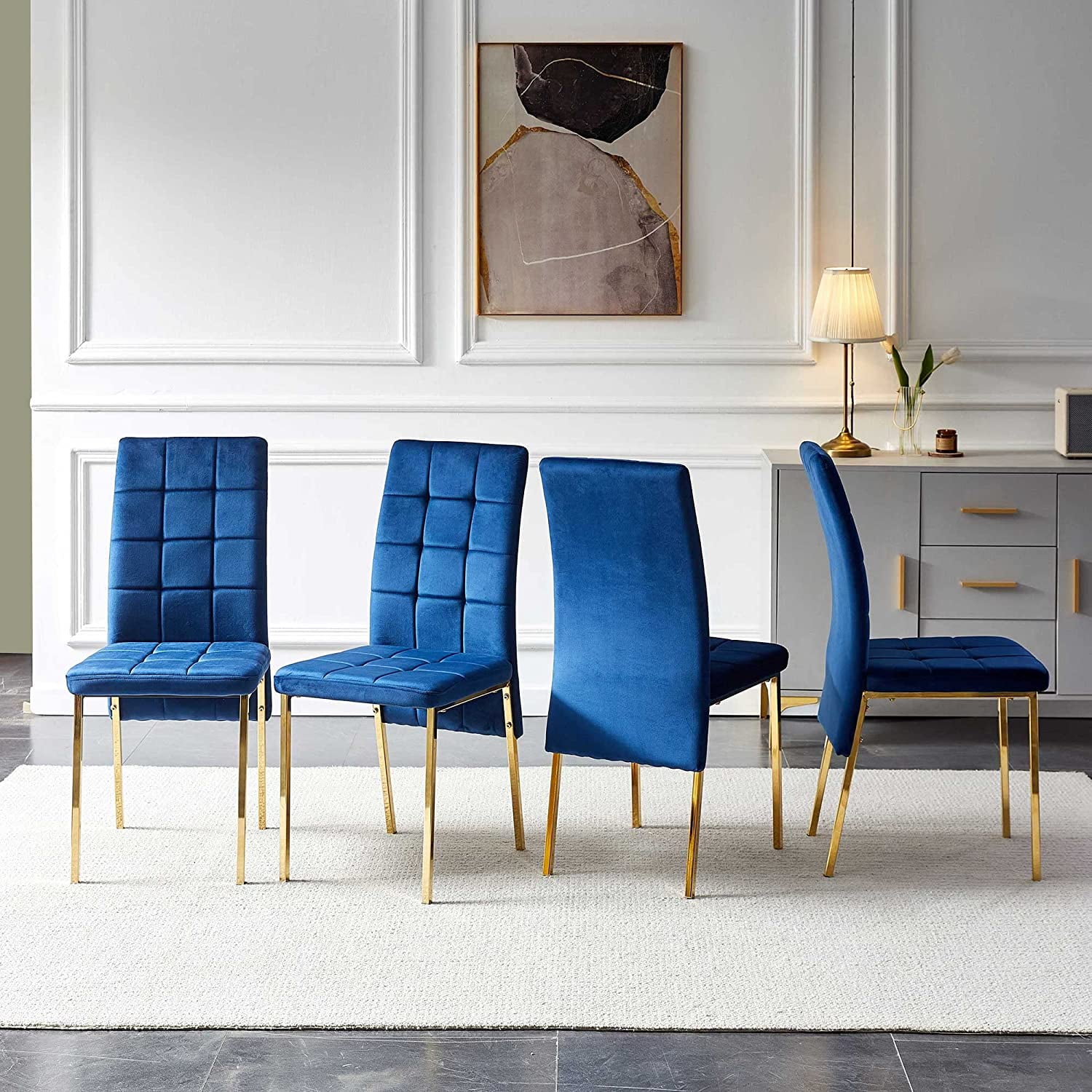 NORDICANA Velvet Dining Chair Set of 4, Comfy Room Chair Upholstered Side Chair Armless Living Chair Elegant Makeup Chair with Golden Metal Legs for Bedroom,Living Room, Restaurant