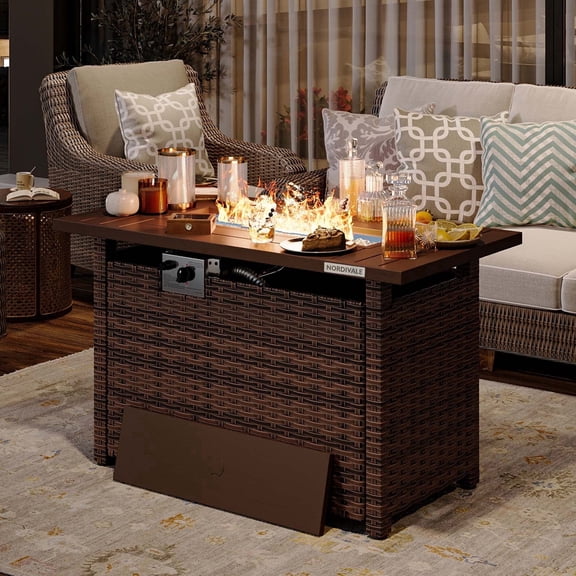NORDIVALE 44" Outdoor Gas Fire Pit with Storage, 60,000 BTU Propane Fire Table with Removable Lid & Waterproof Cover for Patio & Backyard, Brown