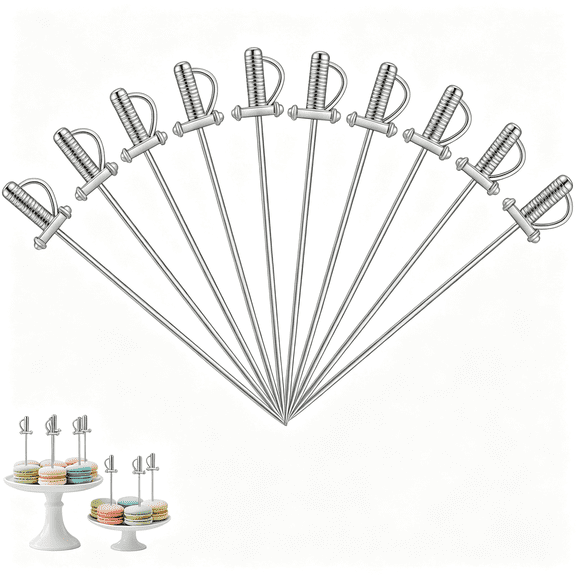 NORIZF 10 Pcs Cocktail Swords,4.49 Inch Metal Sword Toothpicks, Reusable Metal Cocktail Picks Sword,Appetizer Skewers for Food, Fruit, Birthday, Wedding, Beach, Family Party, Bar, Silver