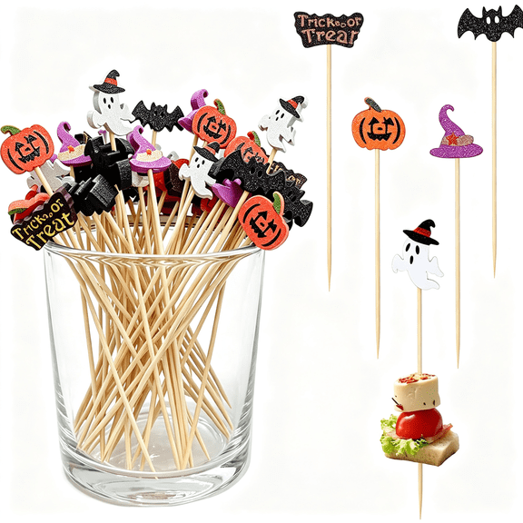 NORIZF 100 Pack Halloween Toothpicks for Appetizers \U2013 4.7 Inch Natural Bamboo Cocktail Picks for Cake Pops, Fruit Skewers, Dessert Toppers &Amp; Spooky Party Decorations Supplies