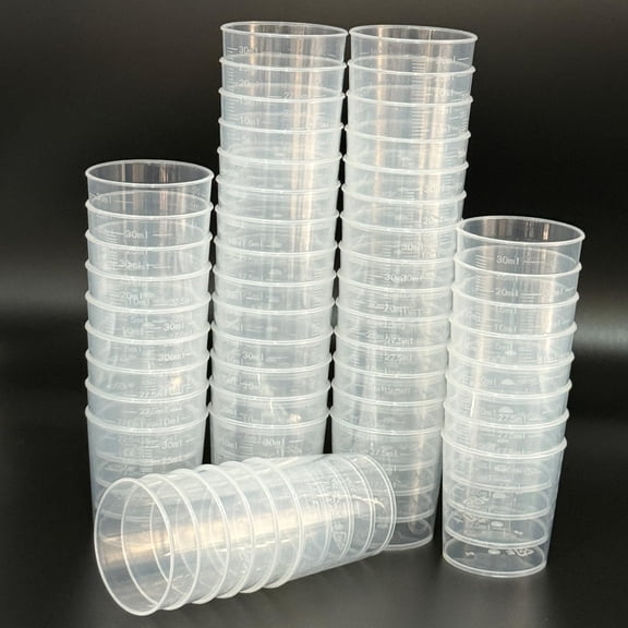 NORIZF 100 Pcs 30Ml/1.02Oz Plastic Measuring Cup Transparent Clear Liquid Mixing Medicine Cups Labs Graduated Baking Beaker Measure Jugs Set Kitchen Cooking Measure Tool Home