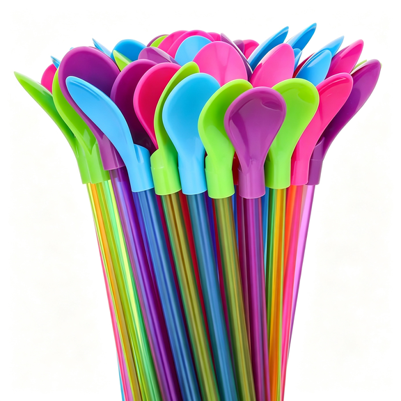 NORIZF 100 Pcs Snow Cone Spoon Straws Hard Plastic 9.3 Detachable Reusable Long Milkshake Straws for Drinking Snow Cone Ice Cream Coffee Kitchen Stirring Utensil Supplies, Assorted Colors
