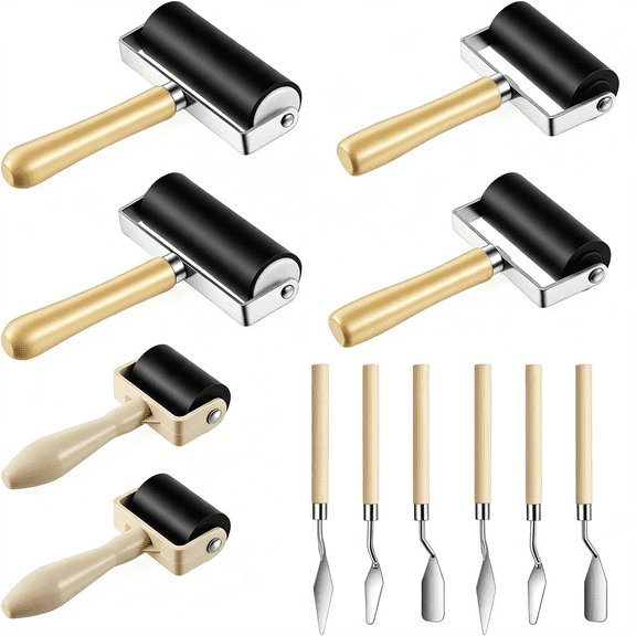 NORIZF 12 Pcs Art Craft Oil Painting Tool Set, 2 Sets of 6 Brayer Rollers&Scrapers, 3 Sizes (3.9In, 2.4In, 1.4In) + 3 Palette Knives, Rubber Roller for Printmaking, Ink, Glue, Stamping, Canvas