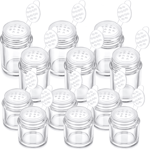 NORIZF 12 Pcs Plastic Loose Powder Bottle Clear Mini Loose Powder Jars with 12 Holes Sifters and Lids Travel Empty Cosmetic Containers for Face Powders Glitter Eyeshadow Samples (5G 10G)